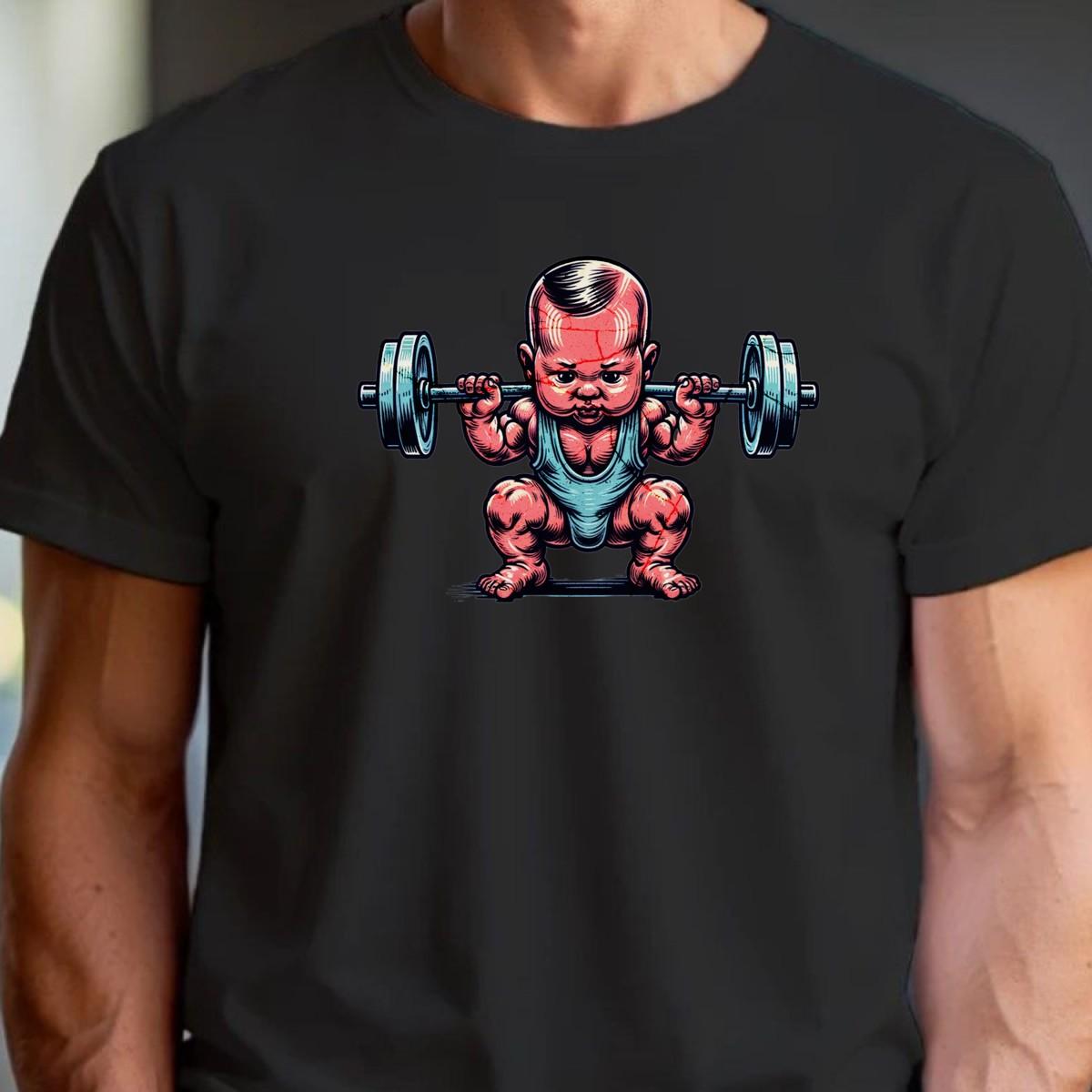 "Fun gym T-shirt featuring a charming baby lifting weights, combining humor and strength for fitness enthusiasts. Perfect for workouts!"