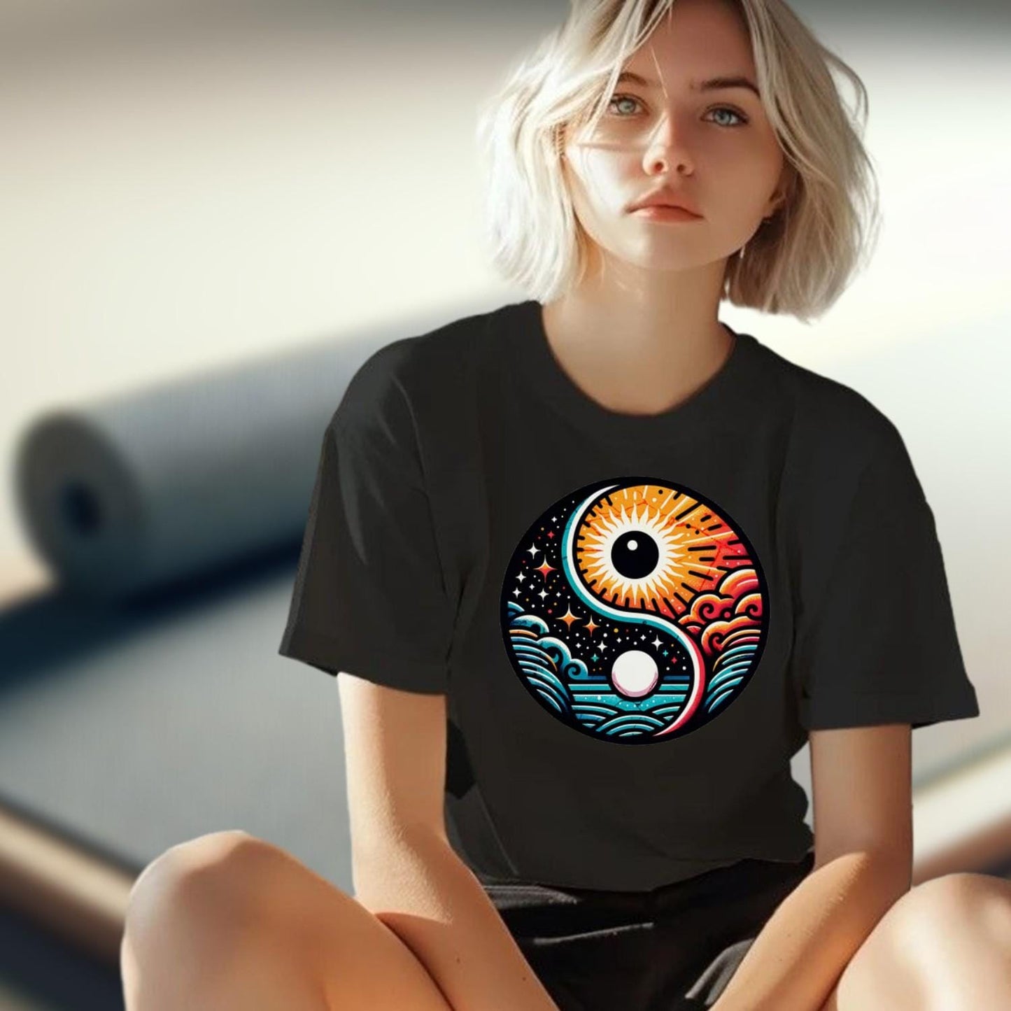 "Vibrant gym T-shirt featuring a bold yin-yang design with sun and moon elements, symbolizing harmony and strength for fitness enthusiasts."