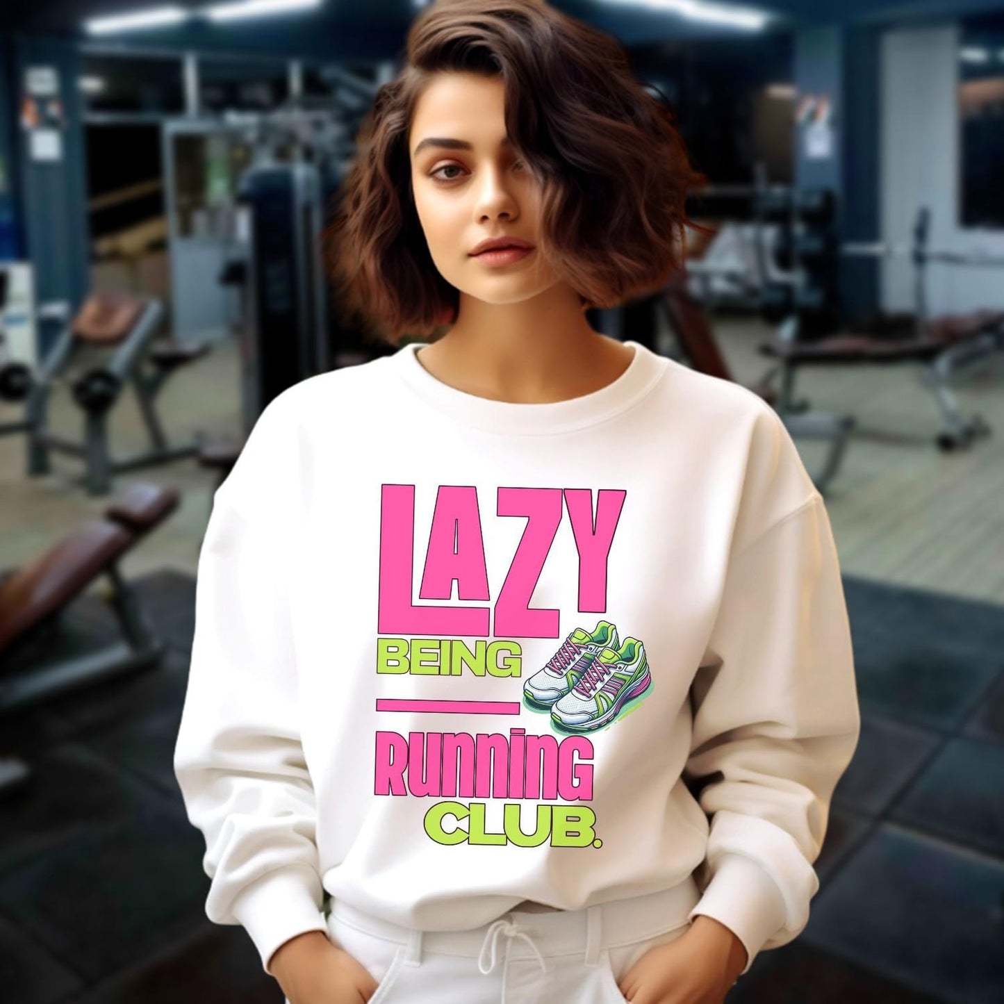 "Vibrant 'Lazy Being Running Club' sweatshirt featuring playful graphics, perfect for fitness enthusiasts and casual wearers at the gym."