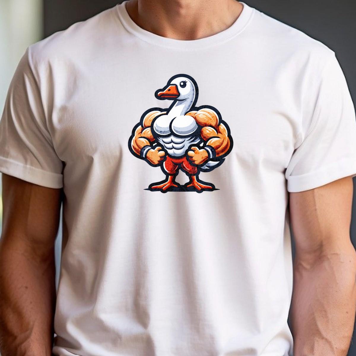 Alt text: "Muscular duck graphic T-shirt for gym enthusiasts, featuring a bold design that combines fun and fitness in a relaxed fit."
