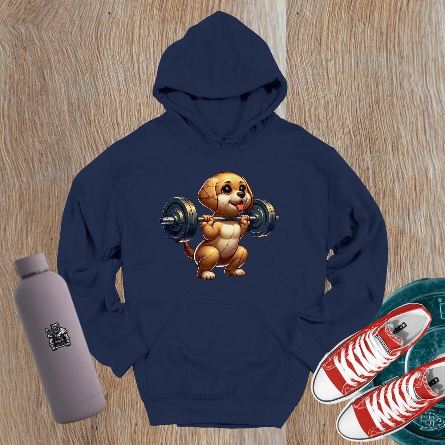 "Adorable gym hoodie featuring a playful puppy lifting weights, perfect for fitness lovers who want fun, style, and comfort in workouts."
