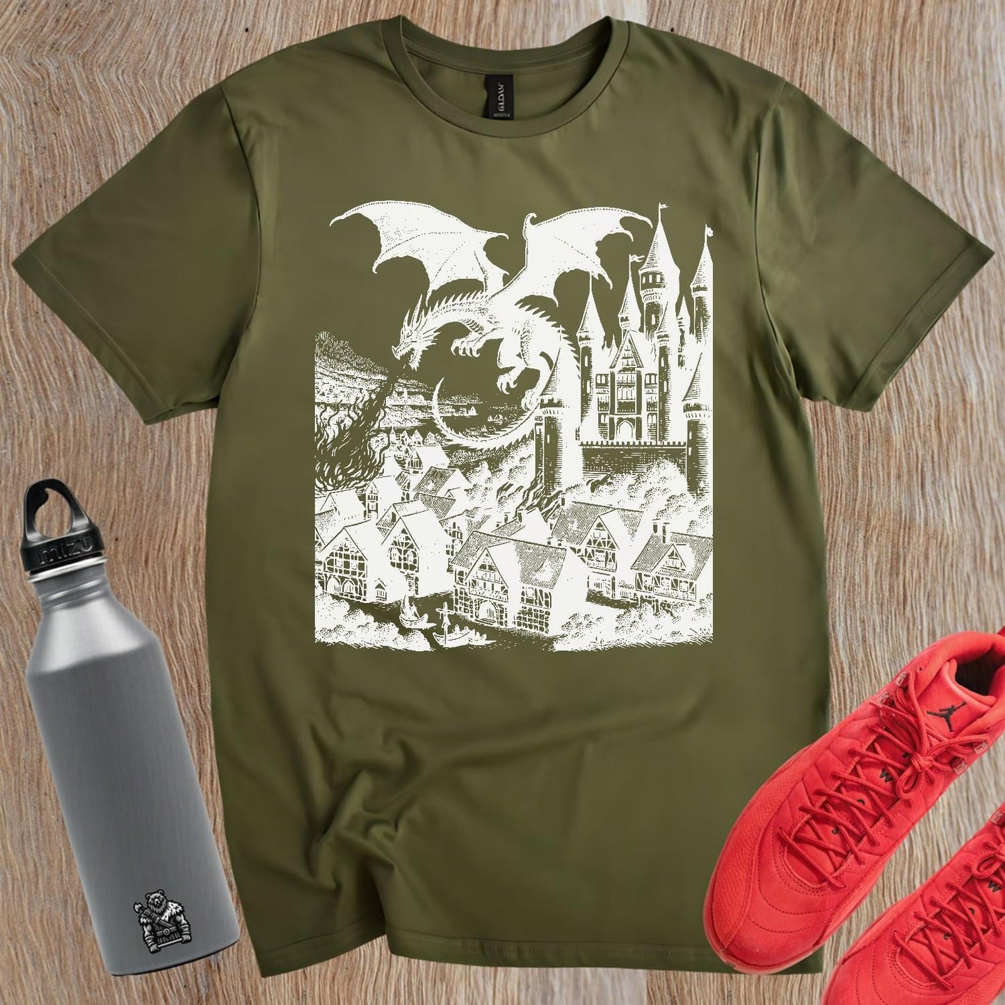 "Fierce dragon soaring over a mystical castle on a bold gym T-shirt, inspiring strength and confidence for workouts and casual outings."