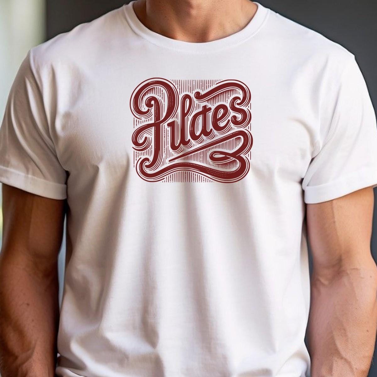 Alt text: "Stylish Pilates T-shirt featuring a bold, intricate graphic embodying wellness and discipline, perfect for fitness enthusiasts."