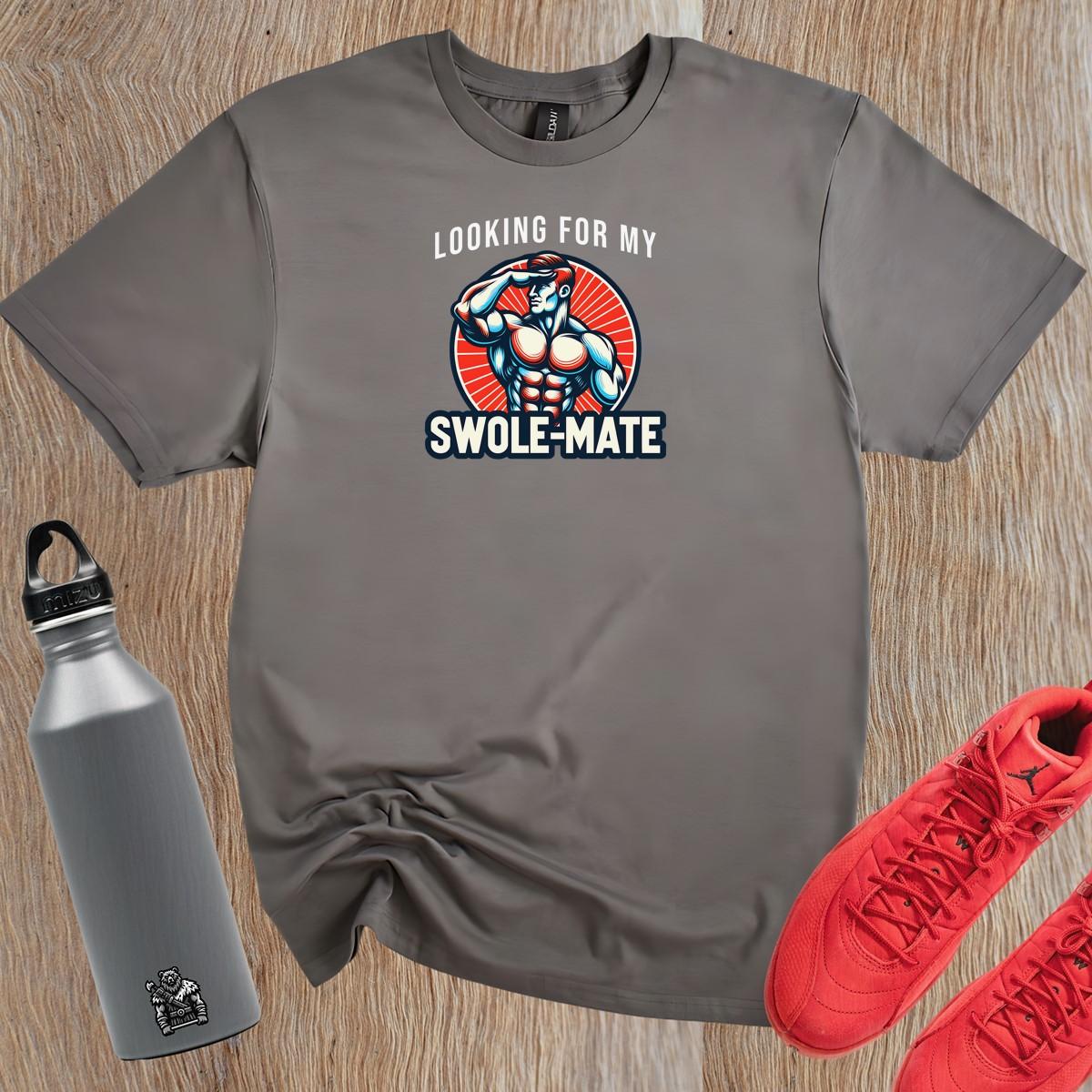 Alt text: "Swole-Mate T-shirt design featuring bold lettering and a fit silhouette, perfect for gym workouts and casual outings. Show your dedication to fitness and join the community of fitness enthusiasts."