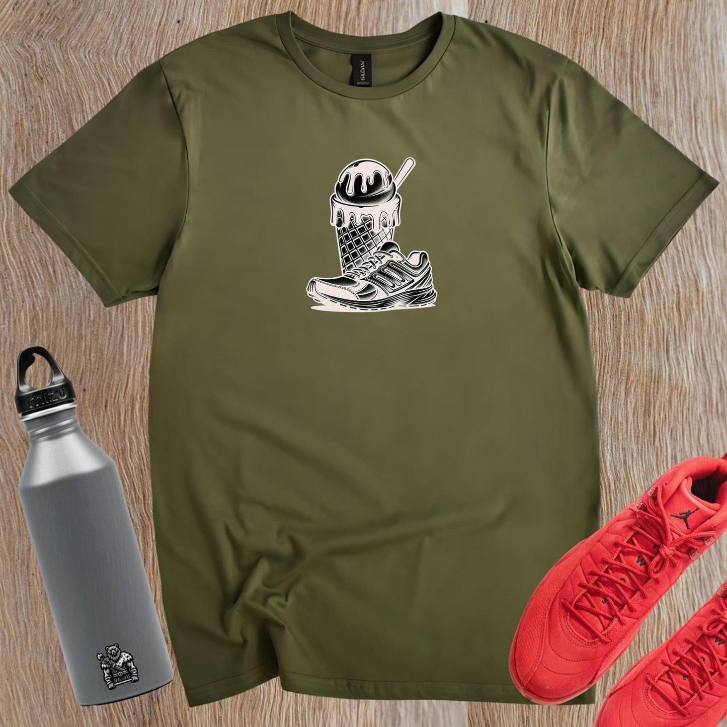 Alt text: "Unique gym T-shirt design featuring a stylish running shoe and a vibrant ice cream cone, blending fitness and fun in one graphic."