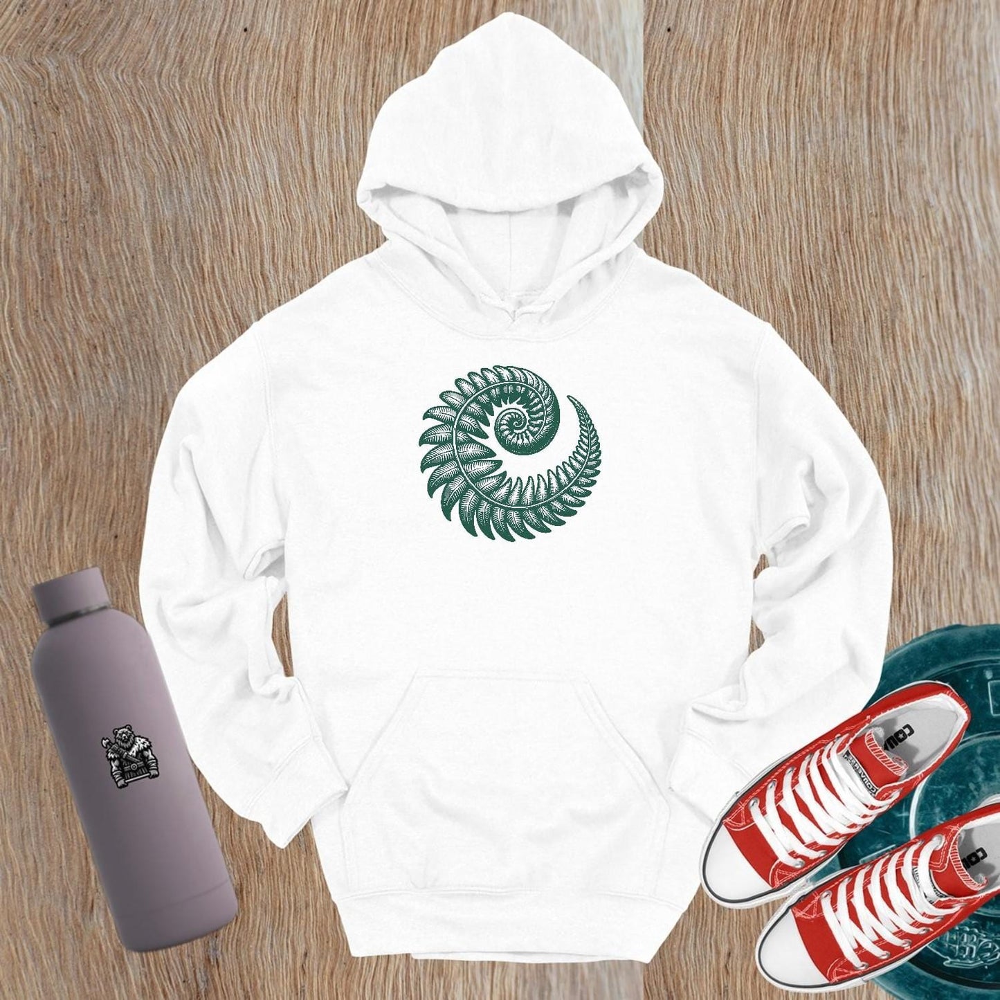 "Stylish fern design hoodie for gym and everyday wear, featuring intricate patterns symbolizing strength and resilience, perfect for active lifestyles."