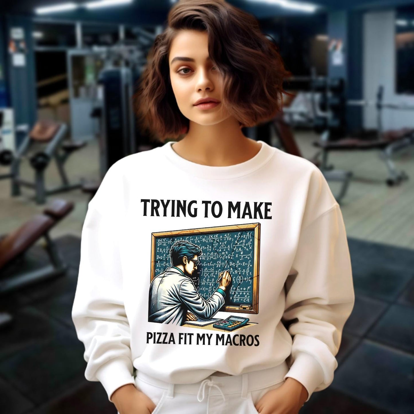 Alt text: "Witty 'Trying to Make Pizza Fit My Macros' sweatshirt design, featuring fitness-themed graphics. Perfect for gym enthusiasts."
