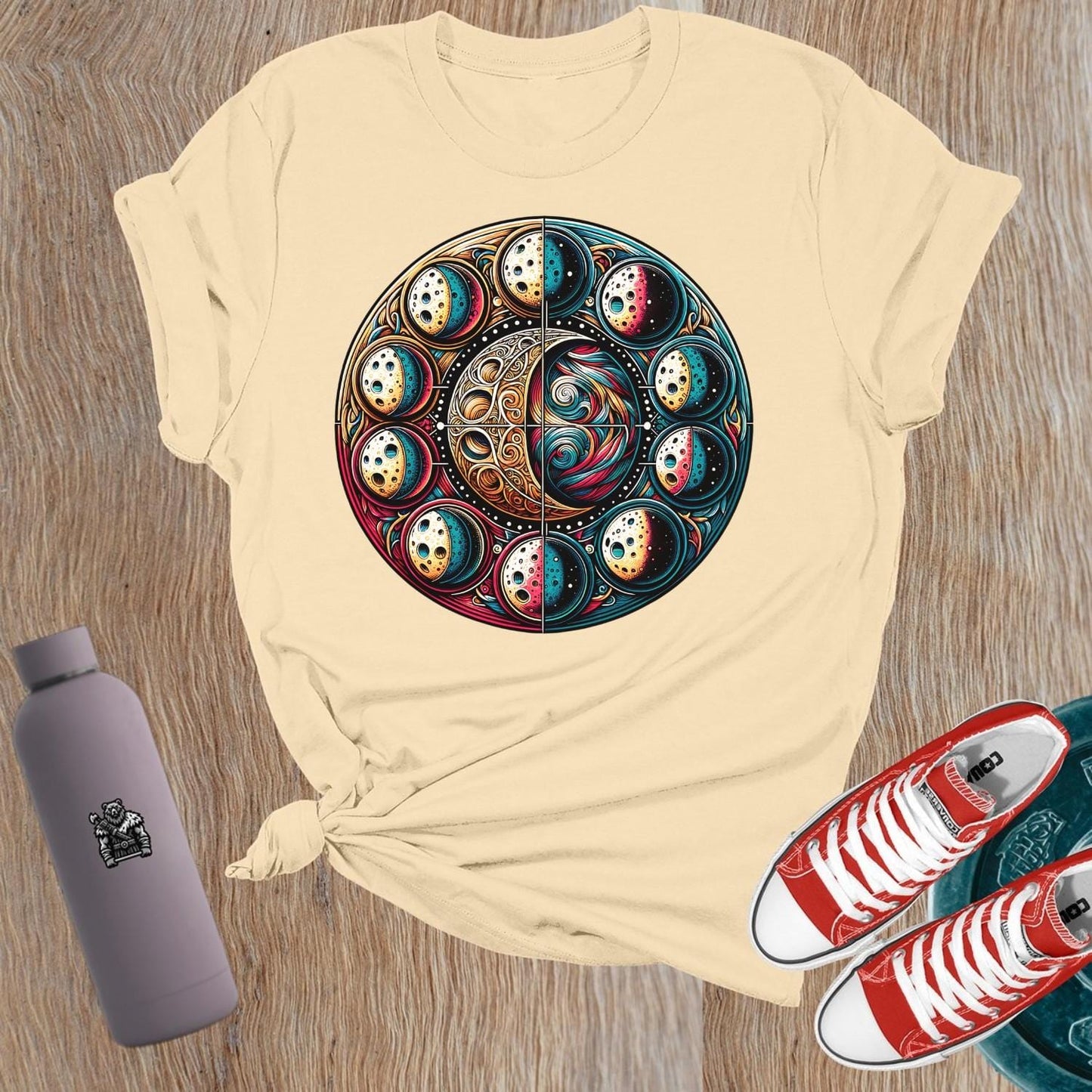 "Women's celestial-themed gym t-shirt featuring a vibrant cosmic print, designed to inspire strength and boost confidence during workouts."