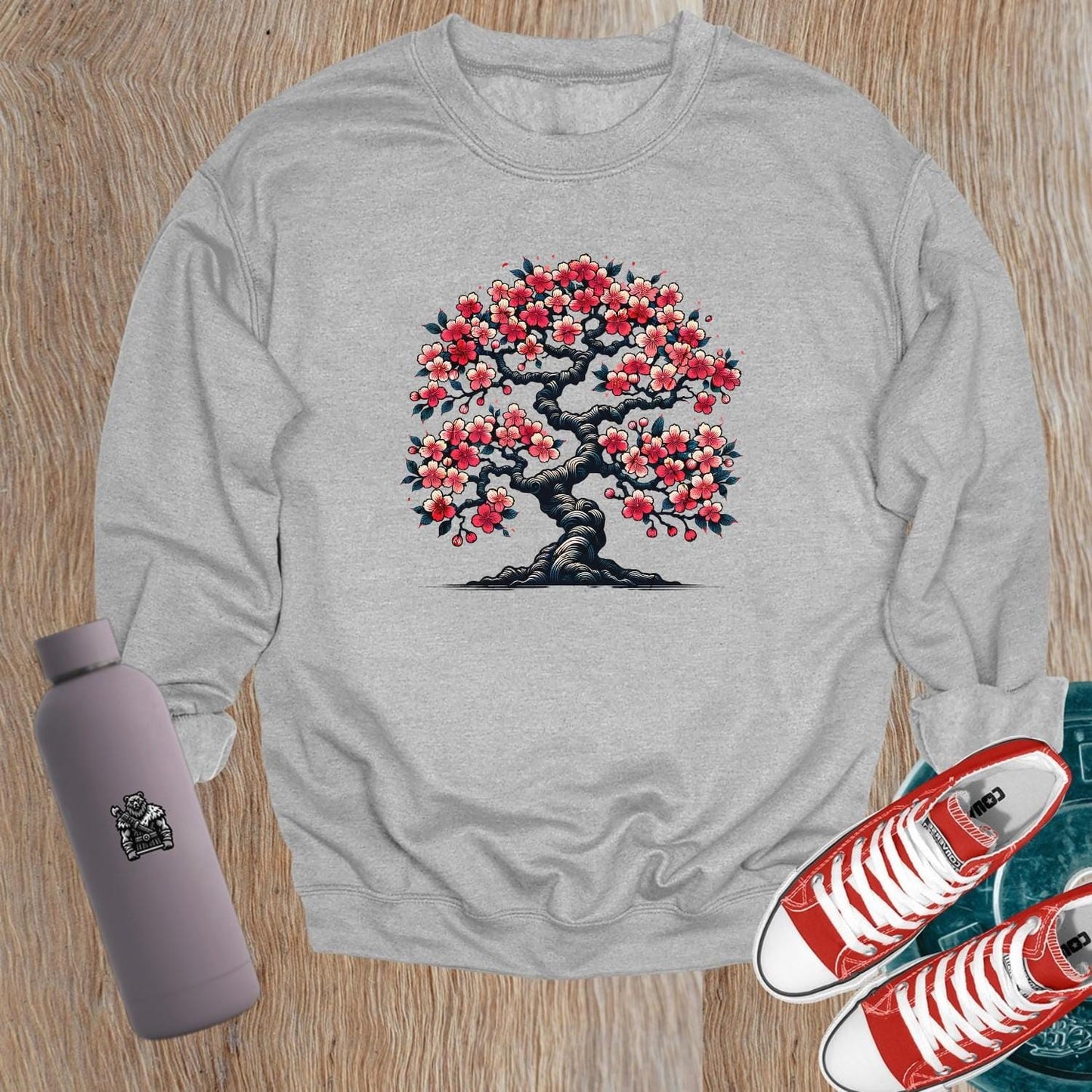 "Floral tree design sweatshirt for women, vibrant print, sporty chic style, perfect for workouts or casual outings, gym wear."