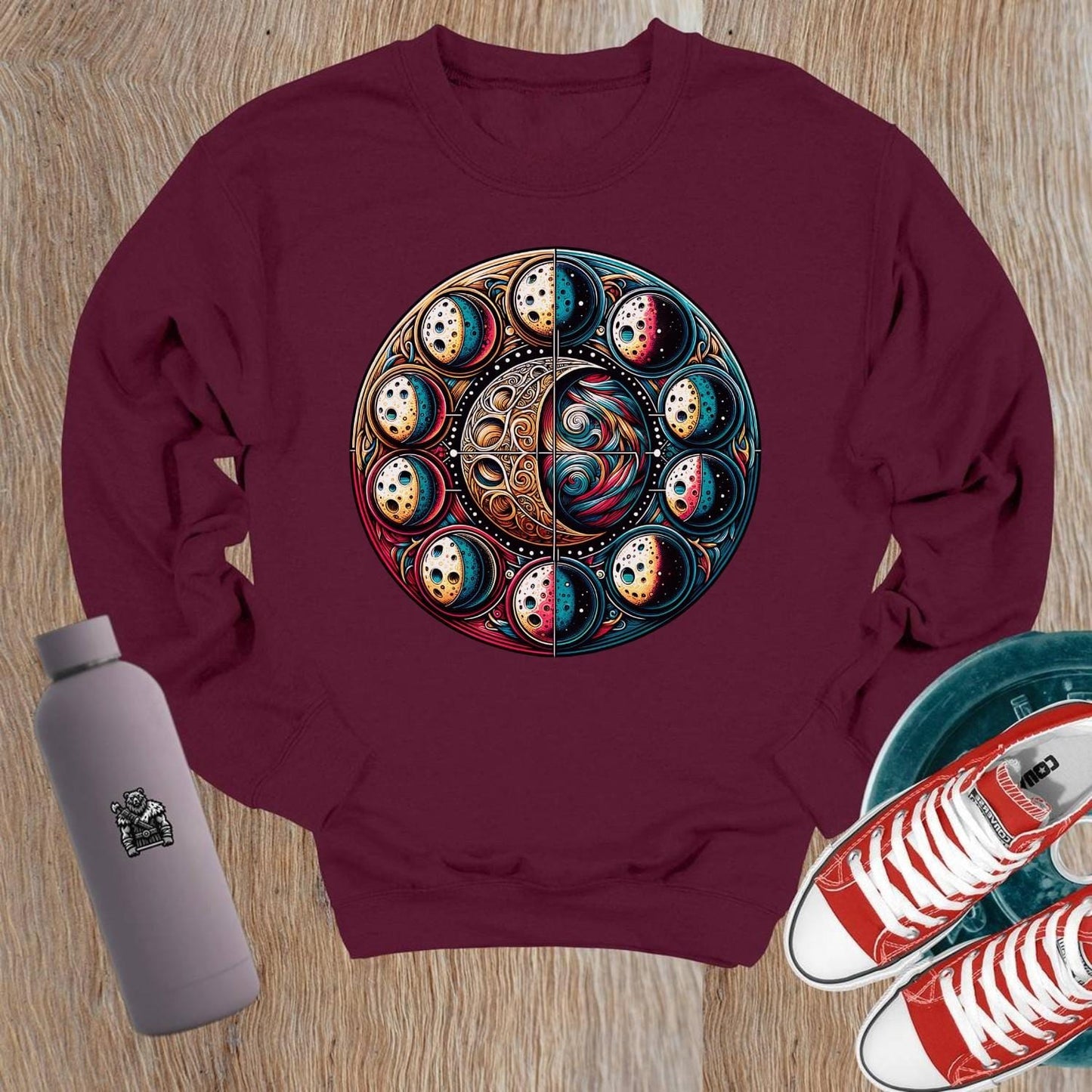 "Cosmic design crewneck sweatshirt for gym and casual wear, combining comfort and bold aesthetics, perfect for fitness enthusiasts."
