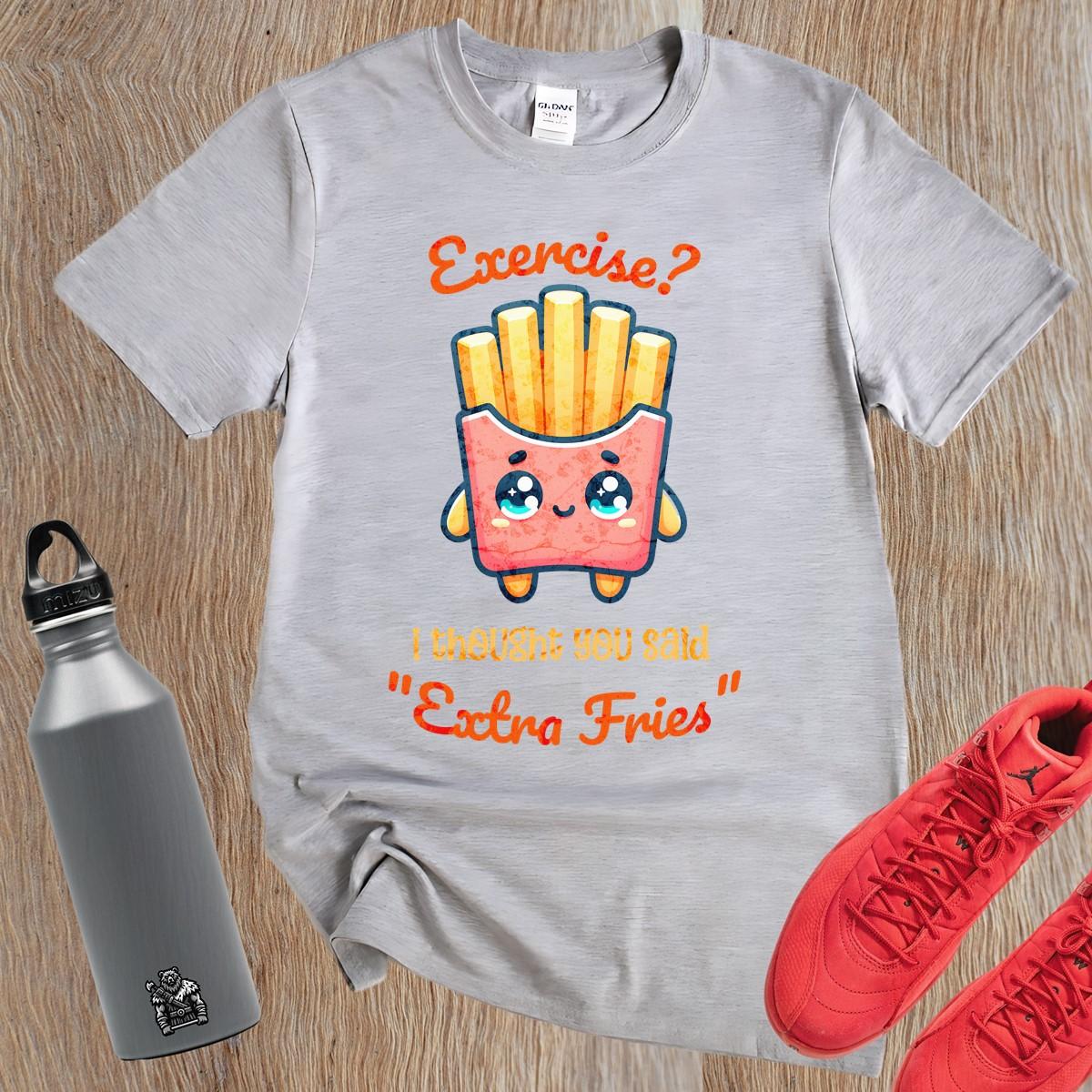 Humorous gym T-shirt featuring "Exercise? I thought you said 'Extra Fries'" graphic, perfect for fitness lovers who enjoy snacks.