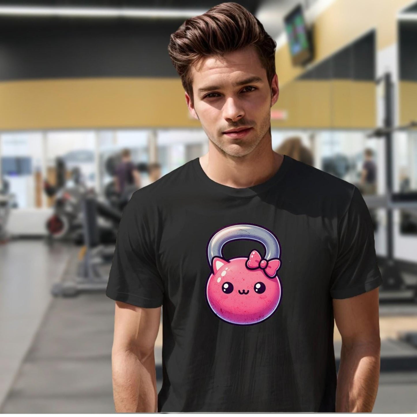 "Adorable pink kettlebell T-shirt with a cute cat face and bow, perfect for gym lovers. Stylish workout gear for fitness enthusiasts."