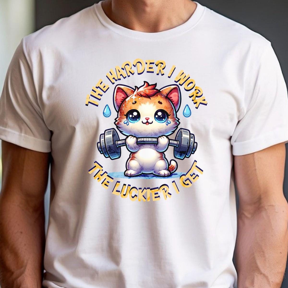 "Vibrant gym T-shirt featuring a determined kitty lifting weights, inspiring fitness enthusiasts with playful motivation for workouts."