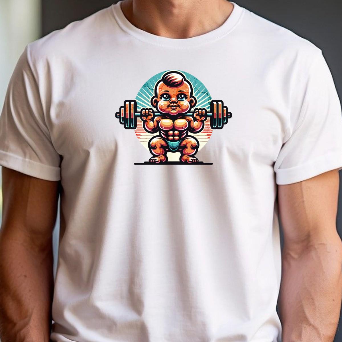 Alt text: "Baby Beast gym T-shirt design featuring a confident baby lifting weights with vibrant colors, perfect for fitness enthusiasts."