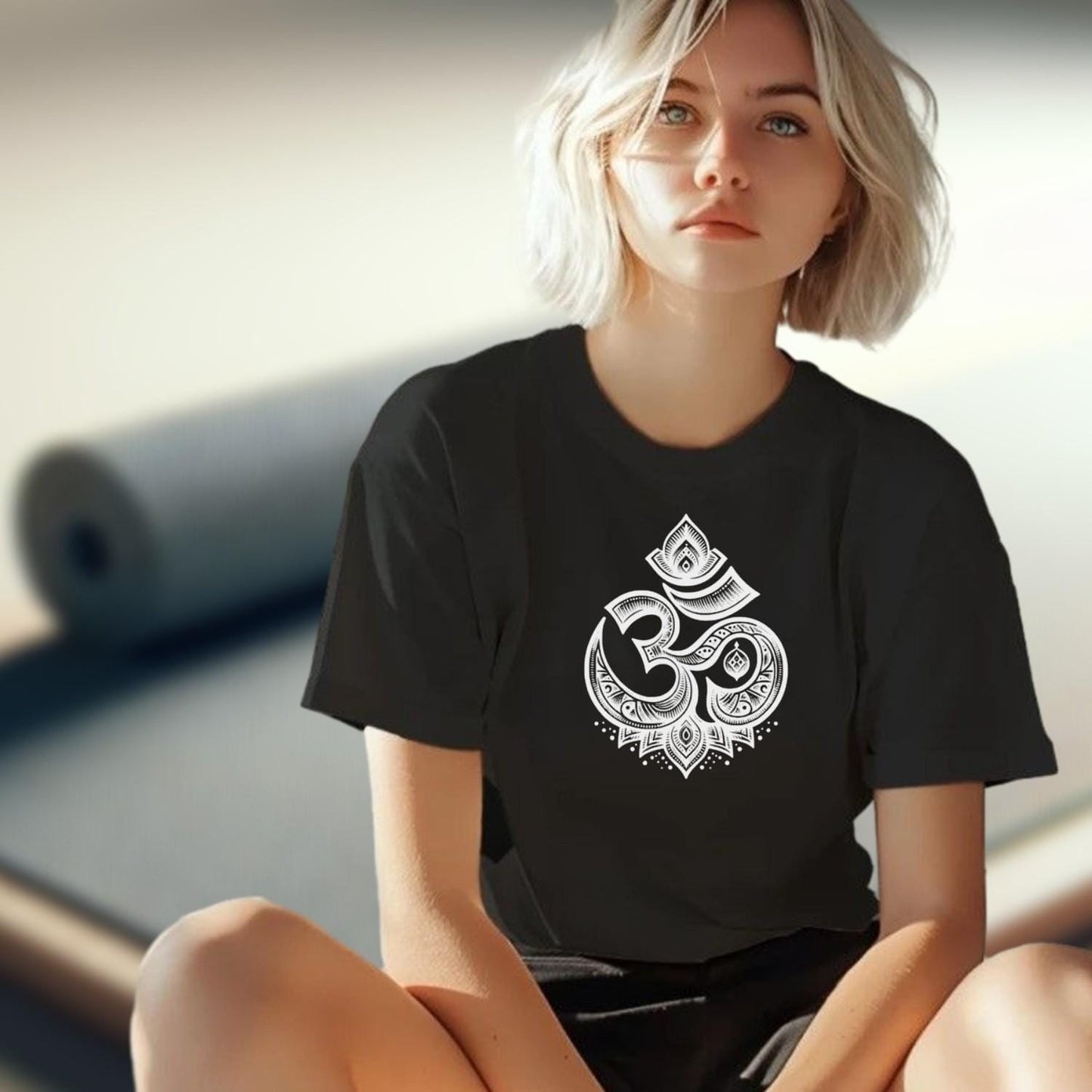 "Bold graphic gym T-shirt featuring an intricately designed Om symbol, promoting peace, mindfulness, and inner strength for fitness enthusiasts."