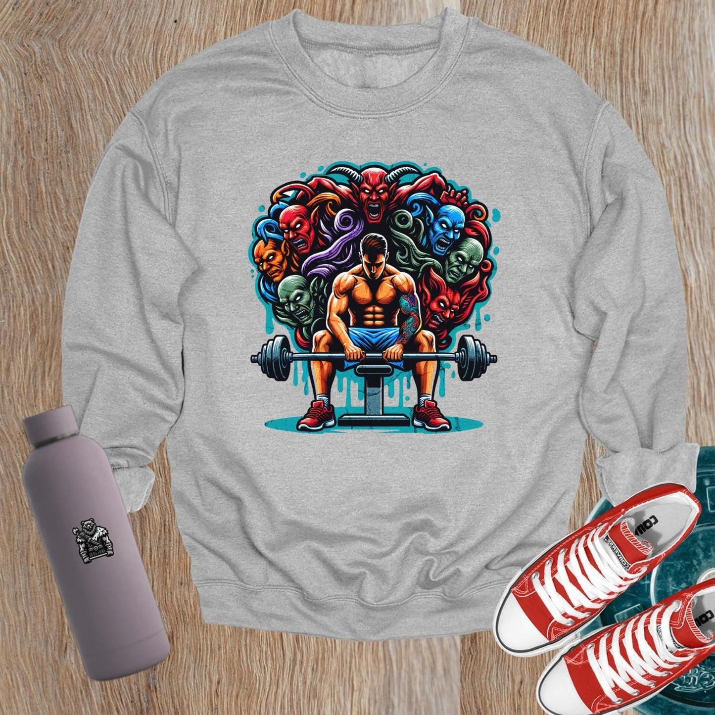 "Bold gym sweatshirt featuring an inspiring graphic, designed for comfort and style, perfect for workouts and casual wear."