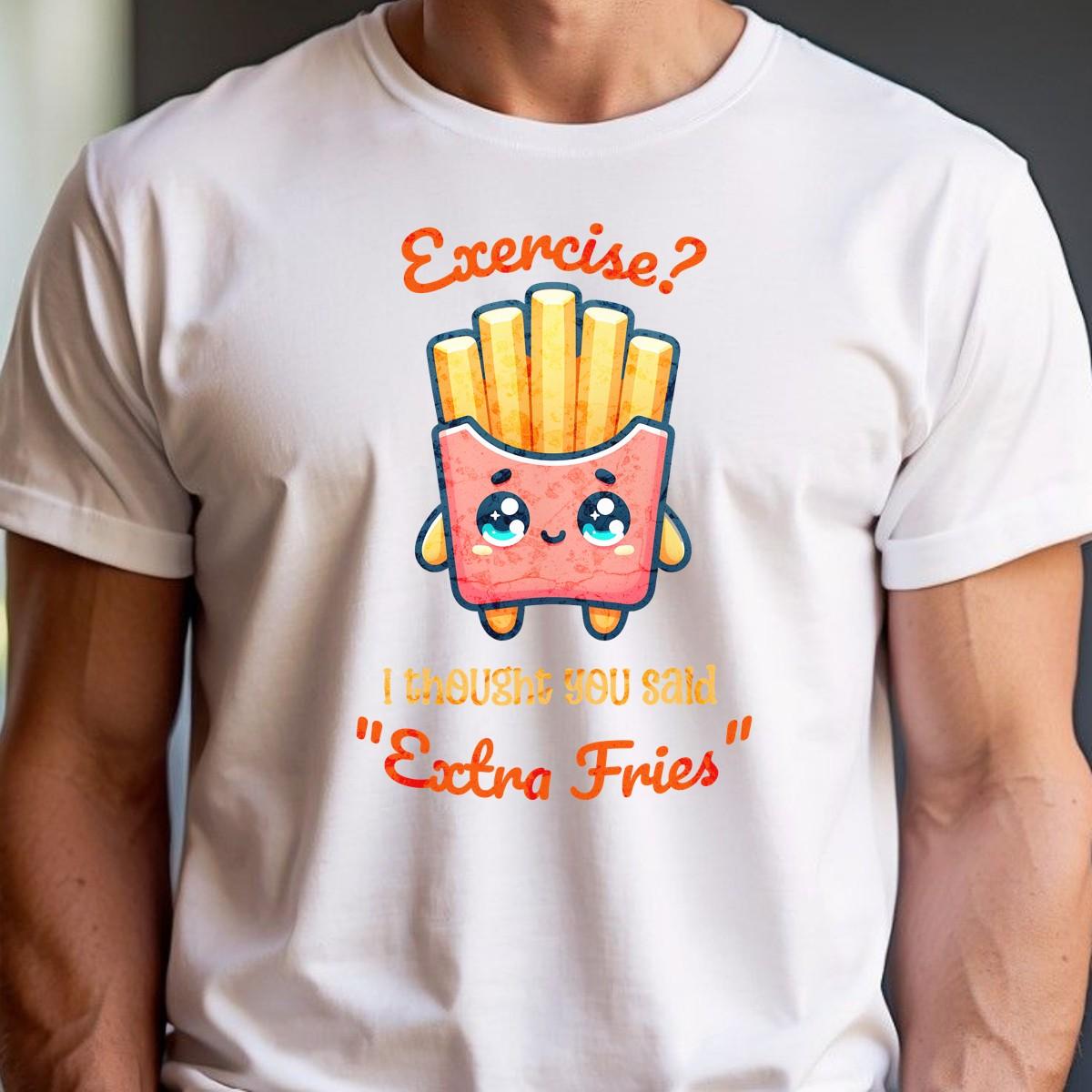 Humorous gym T-shirt featuring "Exercise? I thought you said 'Extra Fries'" graphic, perfect for fitness lovers who enjoy snacks.