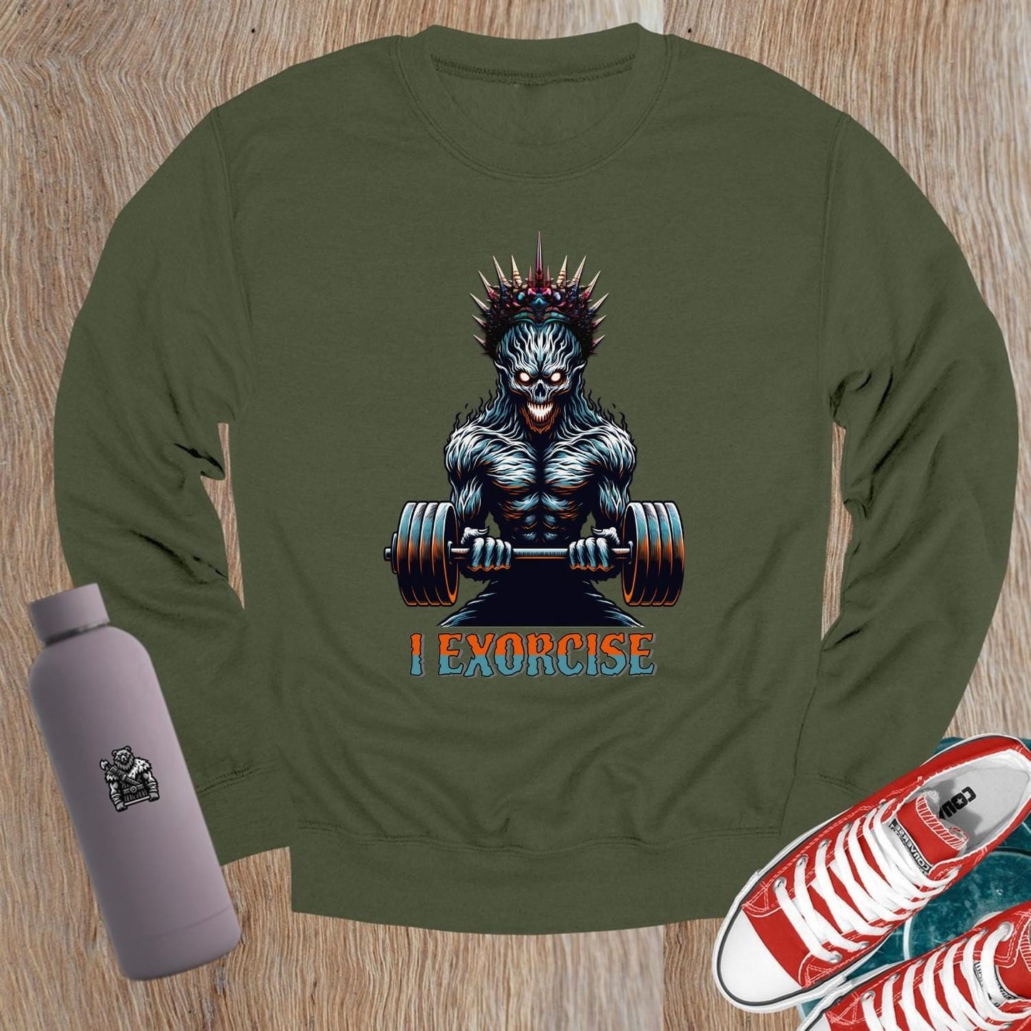 "Bold gym crewneck sweatshirt featuring 'I Exorcise' design, perfect for workouts or casual wear, combining style and motivation."