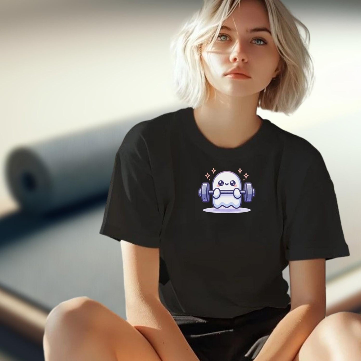 "Playful ghost lifting weights design on gym T-shirt, blending fitness motivation with whimsical charm for workout and casual wear."