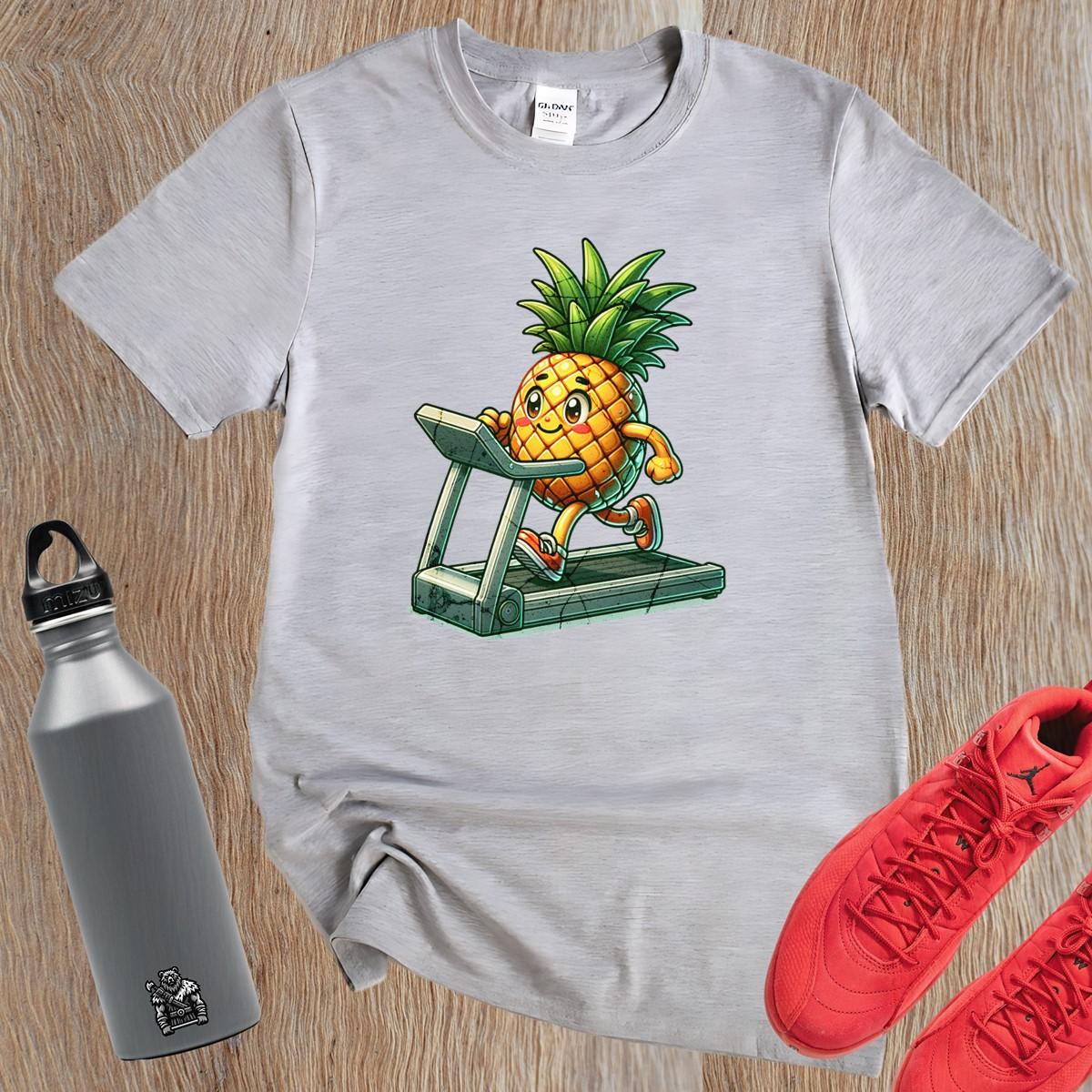 "Bright Pineapple Jogger T-Shirt featuring a cheerful pineapple exercising on a treadmill, promoting fun and motivation in fitness."