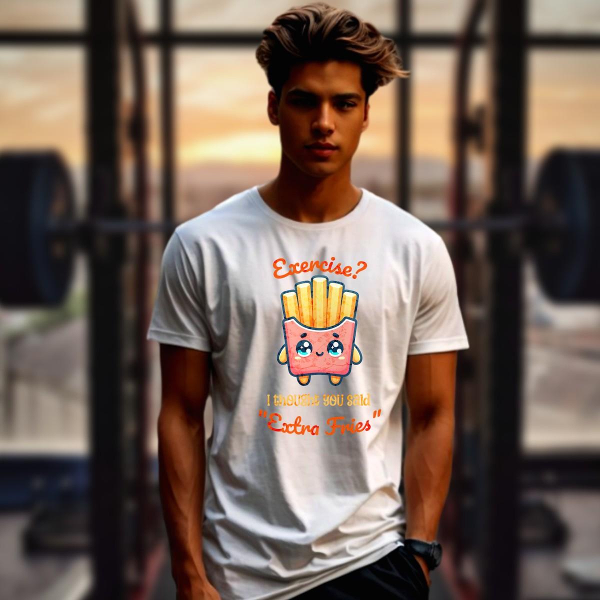 Humorous gym T-shirt featuring "Exercise? I thought you said 'Extra Fries'" graphic, perfect for fitness lovers who enjoy snacks.