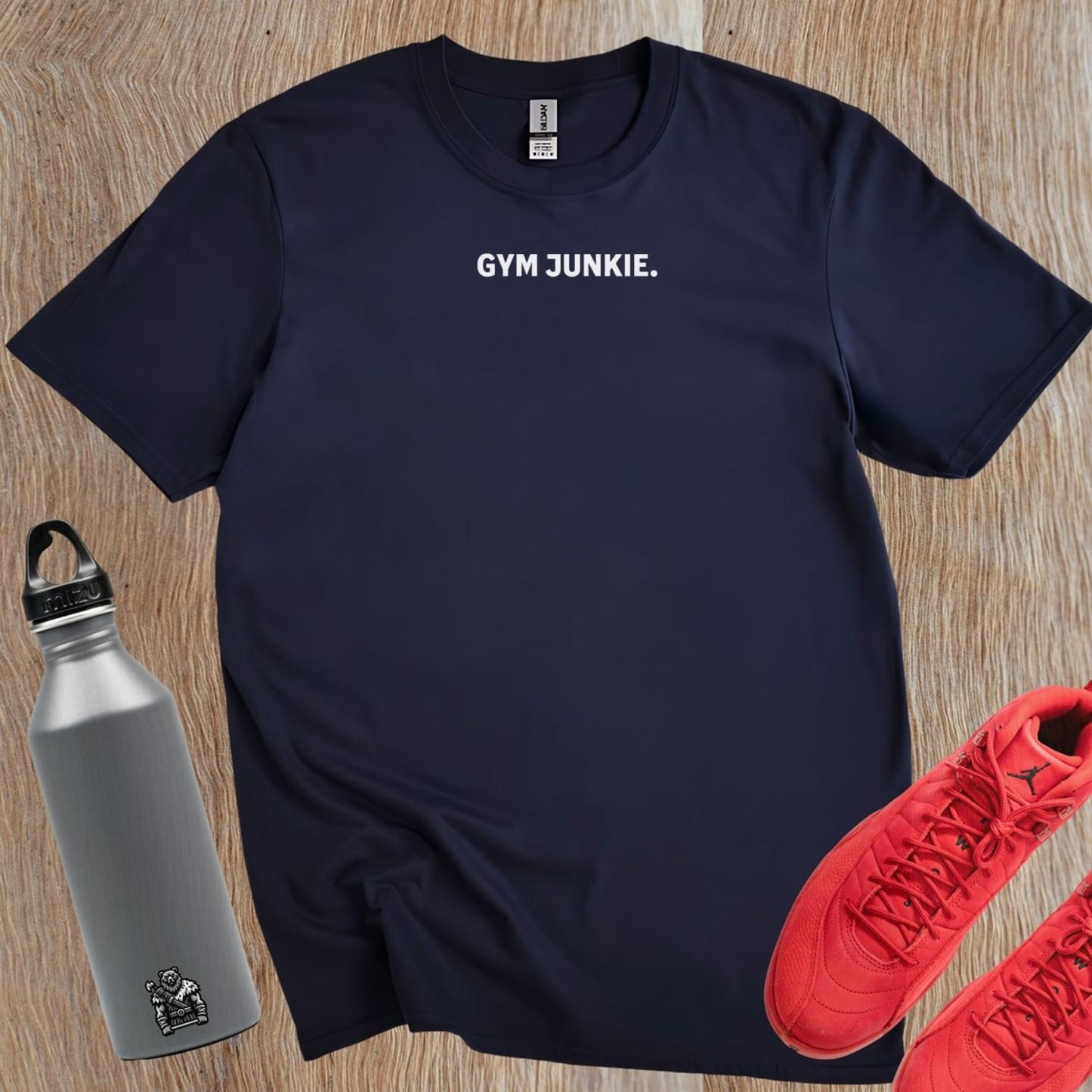 "Bold 'Gym Junkie' T-shirt featuring stylish typography, perfect for fitness enthusiasts. Ideal for workouts or casual outings."