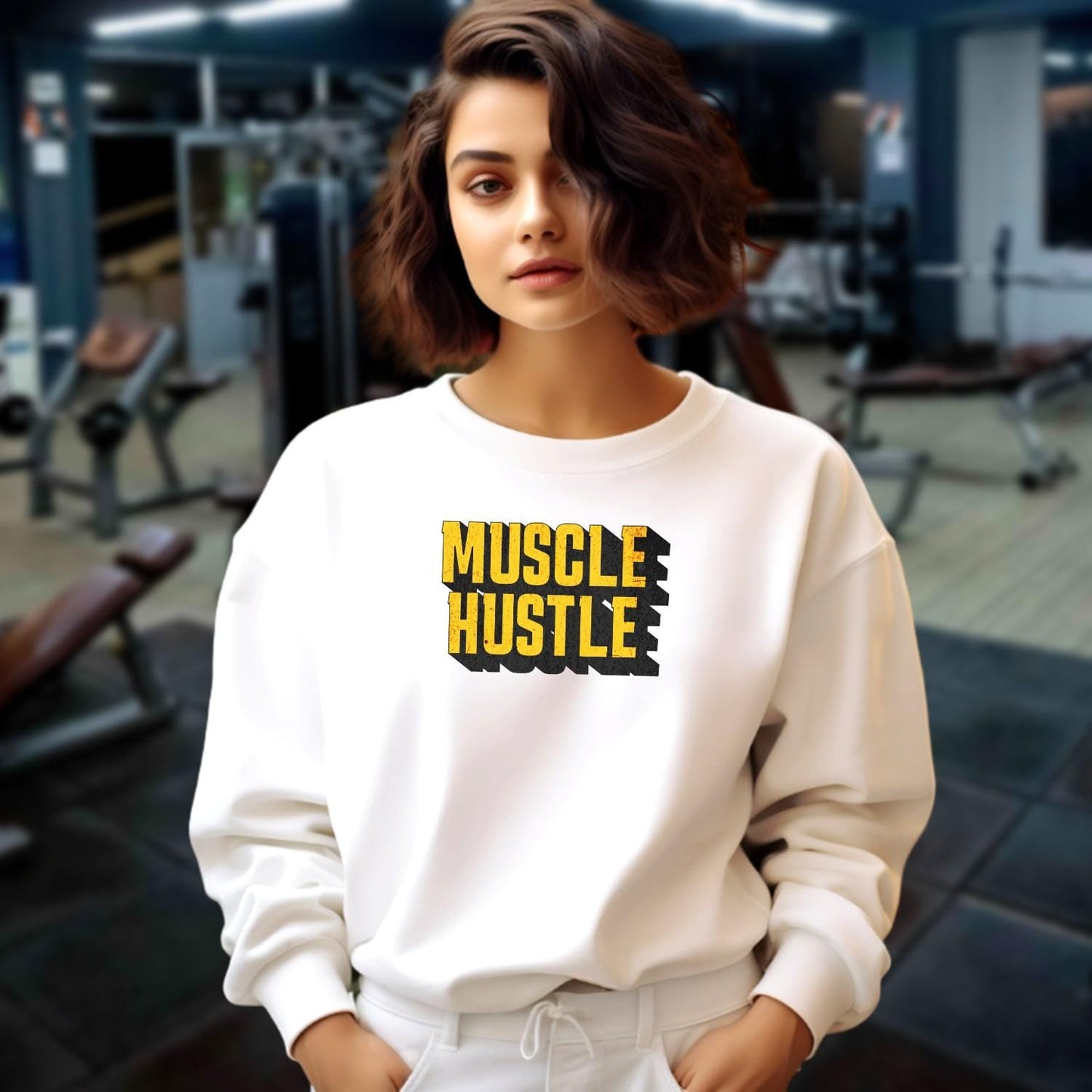 "Muscle Hustle sweatshirt featuring bold motivational graphic, designed for athletes. Perfect for workouts, errands, or lounging."