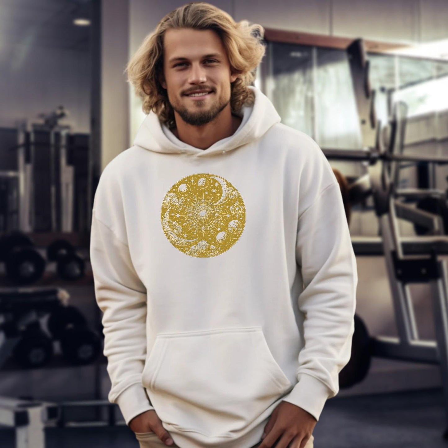 "Celestial-themed gym hoodie featuring a stunning cosmic design, perfect for workouts and stylish training sessions. Relaxed fit."