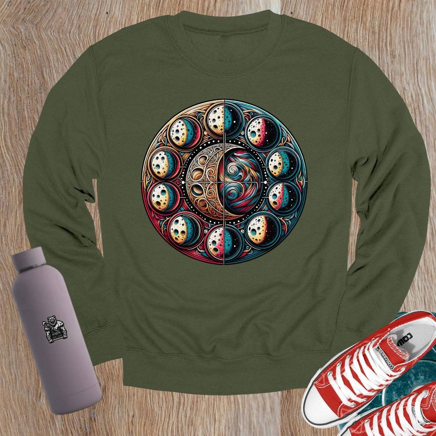 "Cosmic design crewneck sweatshirt for gym and casual wear, combining comfort and bold aesthetics, perfect for fitness enthusiasts."
