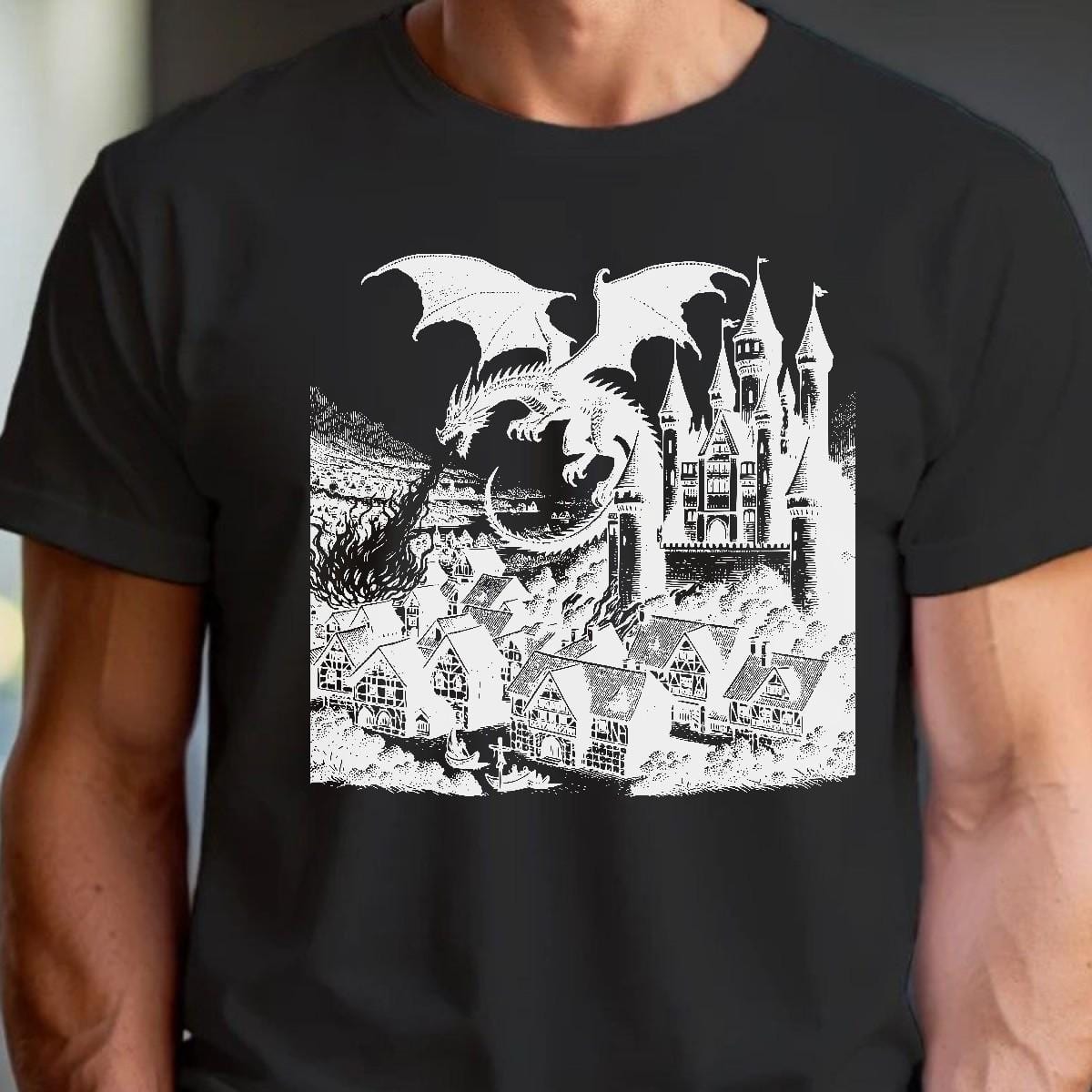 "Fierce dragon soaring over a mystical castle on a bold gym T-shirt, inspiring strength and confidence for workouts and casual outings."