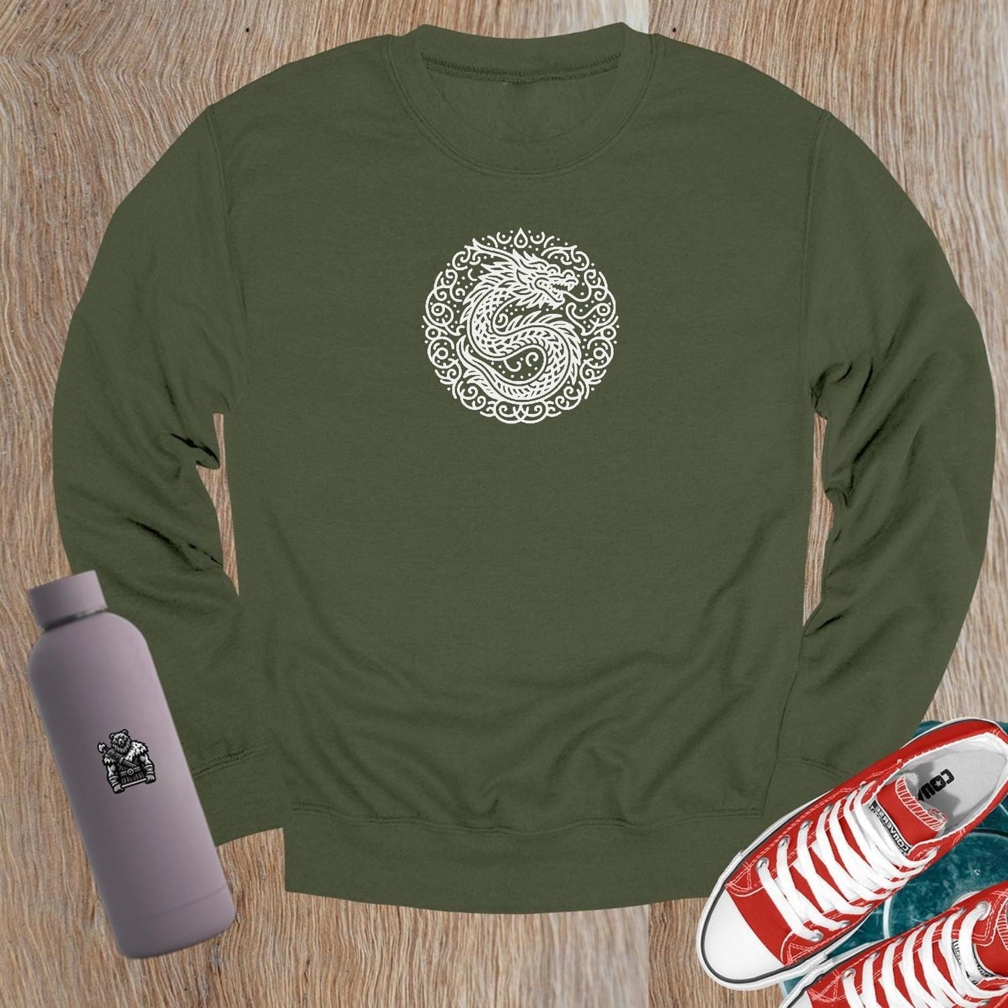 "Bold dragon design crewneck sweatshirt for gym wear, symbolizing strength and resilience, perfect for workouts or casual outings."