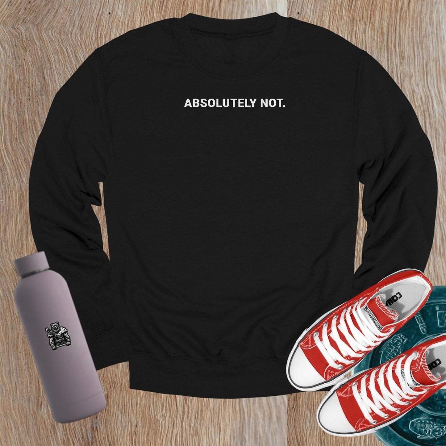 "Bold gym crewneck sweatshirt in relaxed fit, featuring the statement 'ABSOLUTELY NOT.' Perfect for workouts or casual lounging."