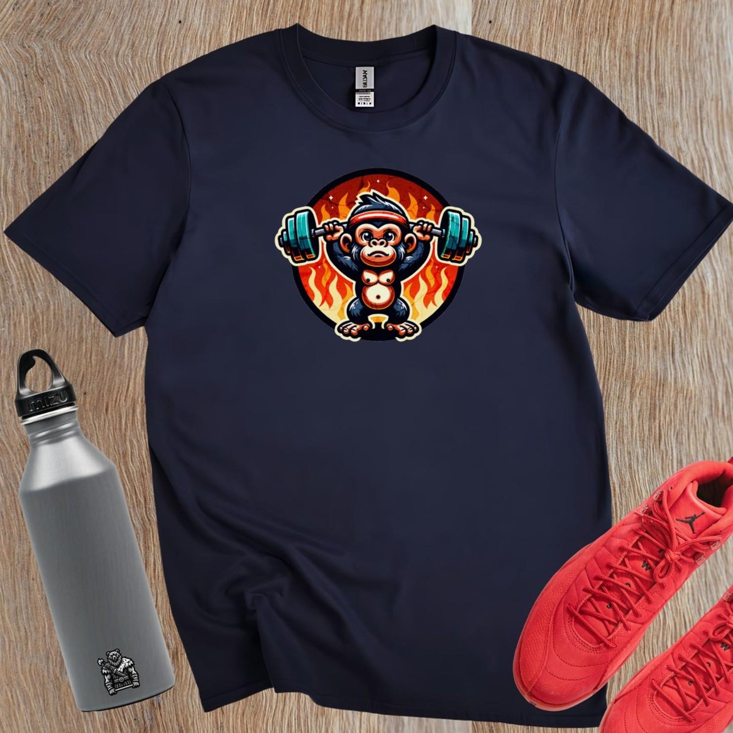 "Vibrant gym T-shirt featuring a weightlifting monkey, symbolizing strength and motivation for fitness enthusiasts. Perfect workout gear!"