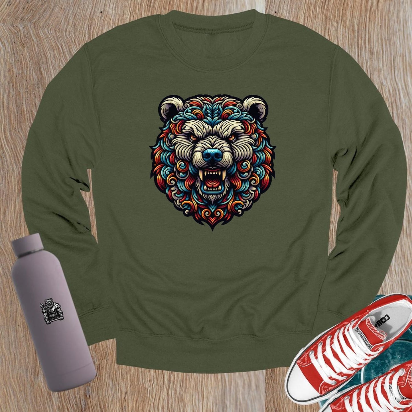"Vibrant gym crewneck sweatshirt with striking bear graphic symbolizing power and resilience, perfect for workouts and casual wear."