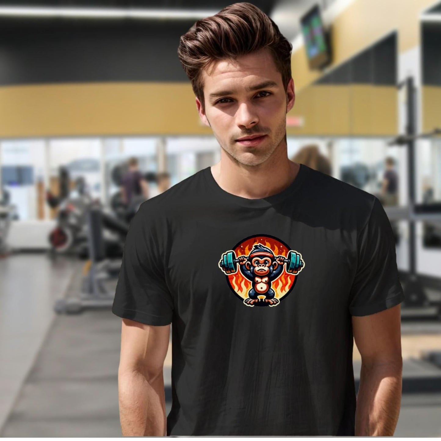 "Vibrant gym T-shirt featuring a weightlifting monkey, symbolizing strength and motivation for fitness enthusiasts. Perfect workout gear!"