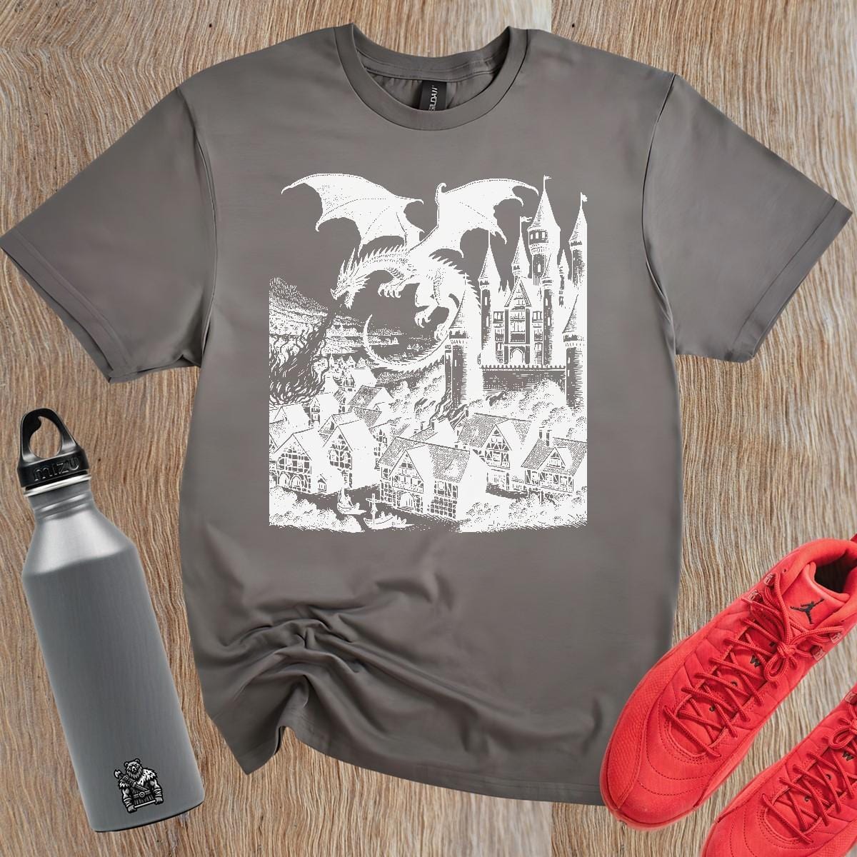 "Fierce dragon soaring over a mystical castle on a bold gym T-shirt, inspiring strength and confidence for workouts and casual outings."