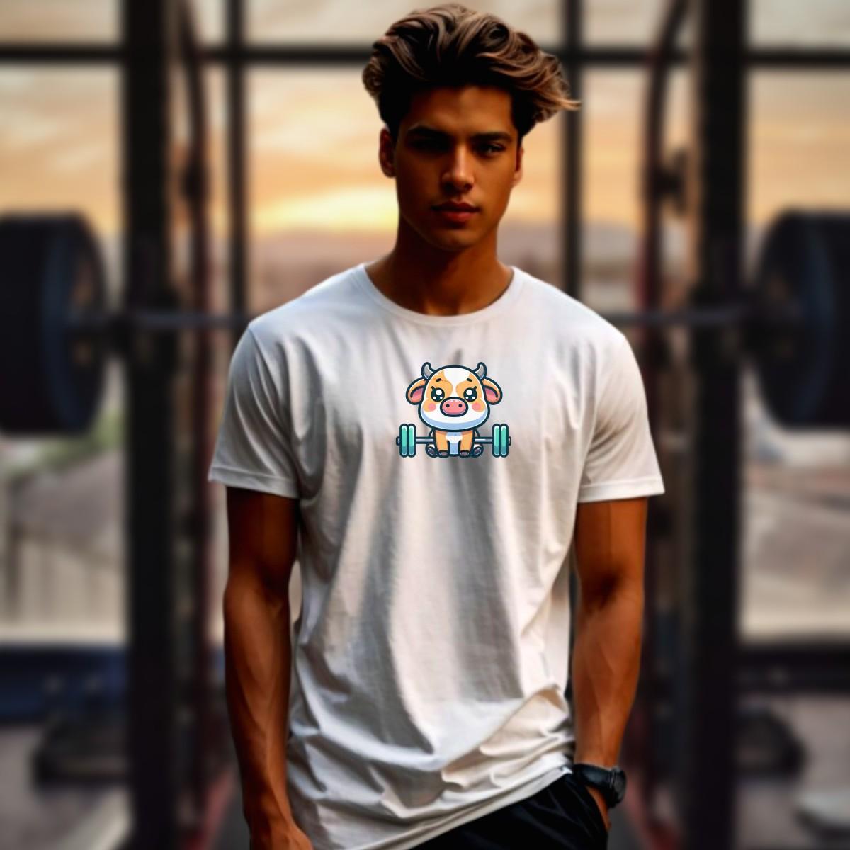 "Adorable Cow Gym T-Shirt featuring a cute cow lifting weights, perfect for fitness enthusiasts who enjoy humor and unique style."