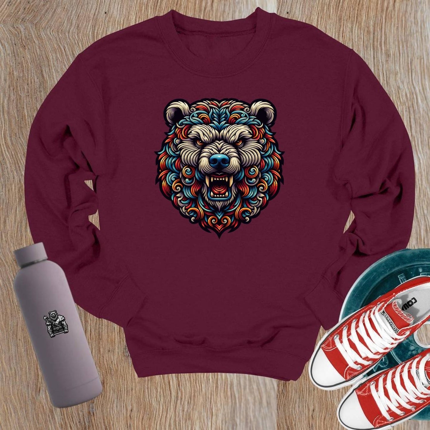 "Vibrant gym crewneck sweatshirt with striking bear graphic symbolizing power and resilience, perfect for workouts and casual wear."