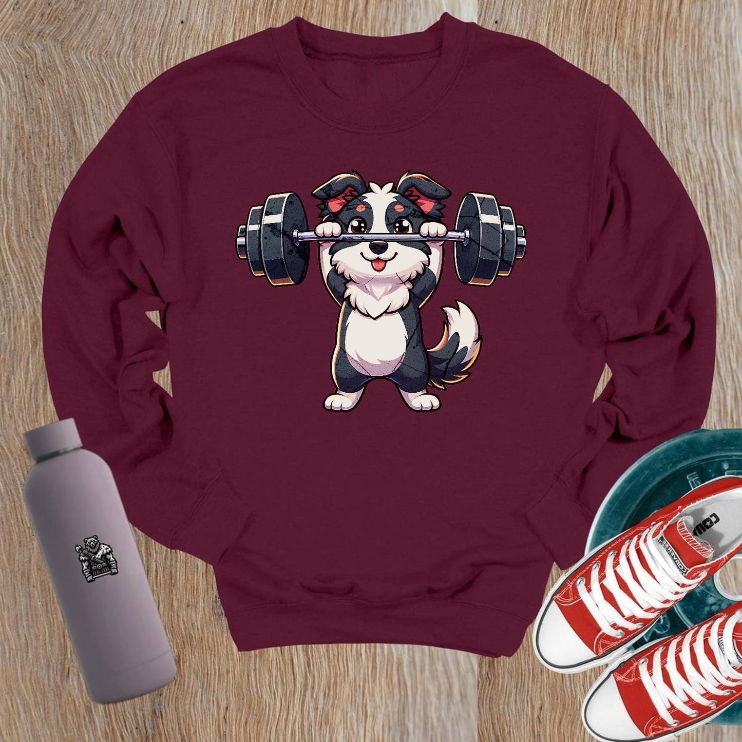 Alt text: "Playful gym crewneck sweatshirt featuring an adorable lifting puppy graphic, perfect for fitness lovers and casual outings."