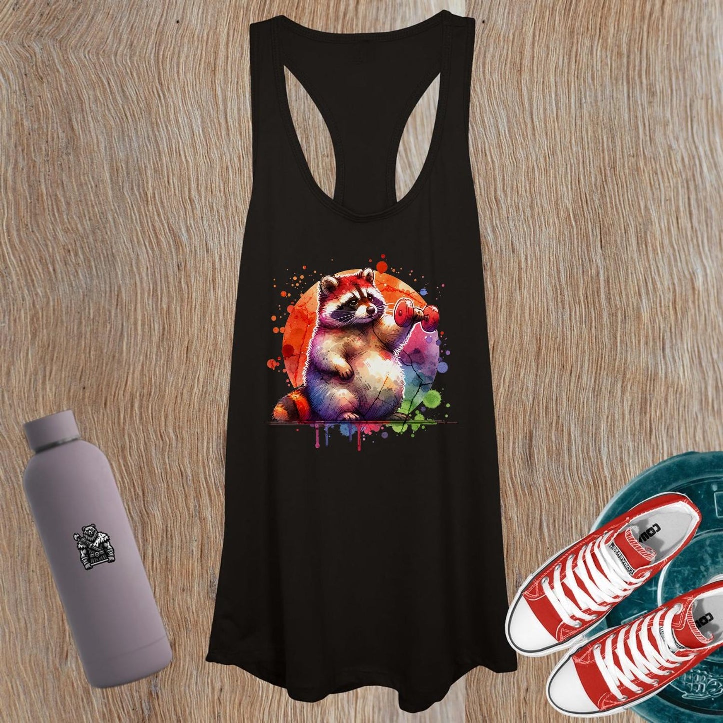 "Vibrant women's tank top featuring a playful raccoon lifting a dumbbell, perfect for gym workouts, yoga, and active wear style."
