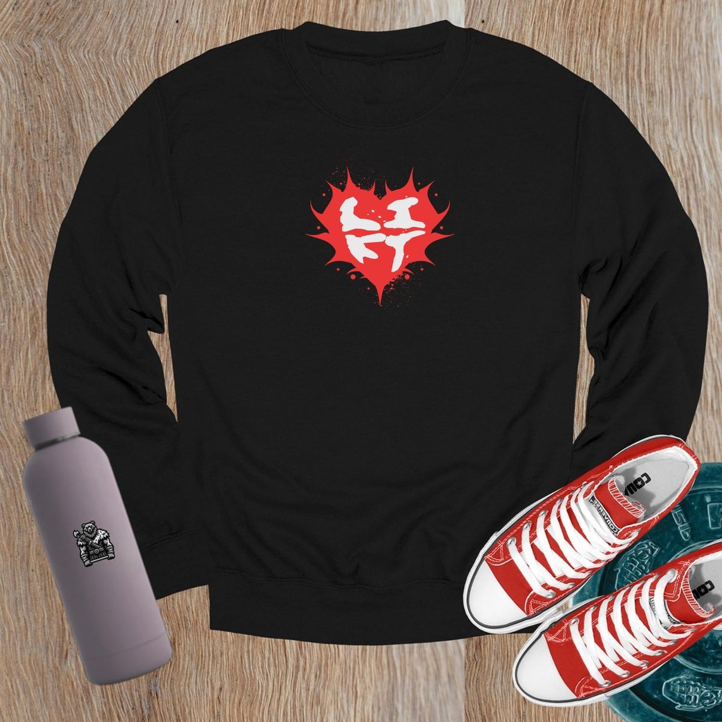 "Stylish crewneck sweatshirt with a vibrant heart design, ideal for fitness enthusiasts. Perfect for workouts and casual wear."