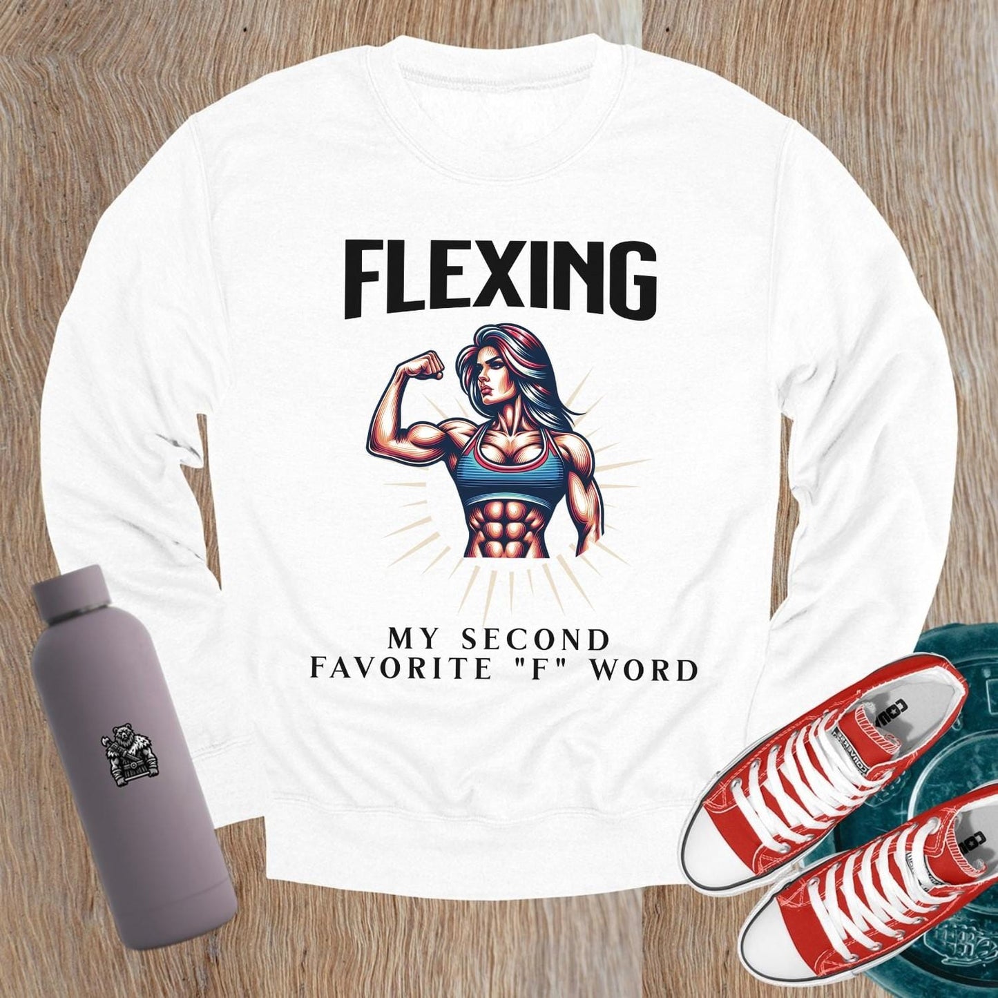 "Bold gym sweatshirt featuring an inspiring fitness graphic, designed for comfort and style, perfect for workouts and casual wear."