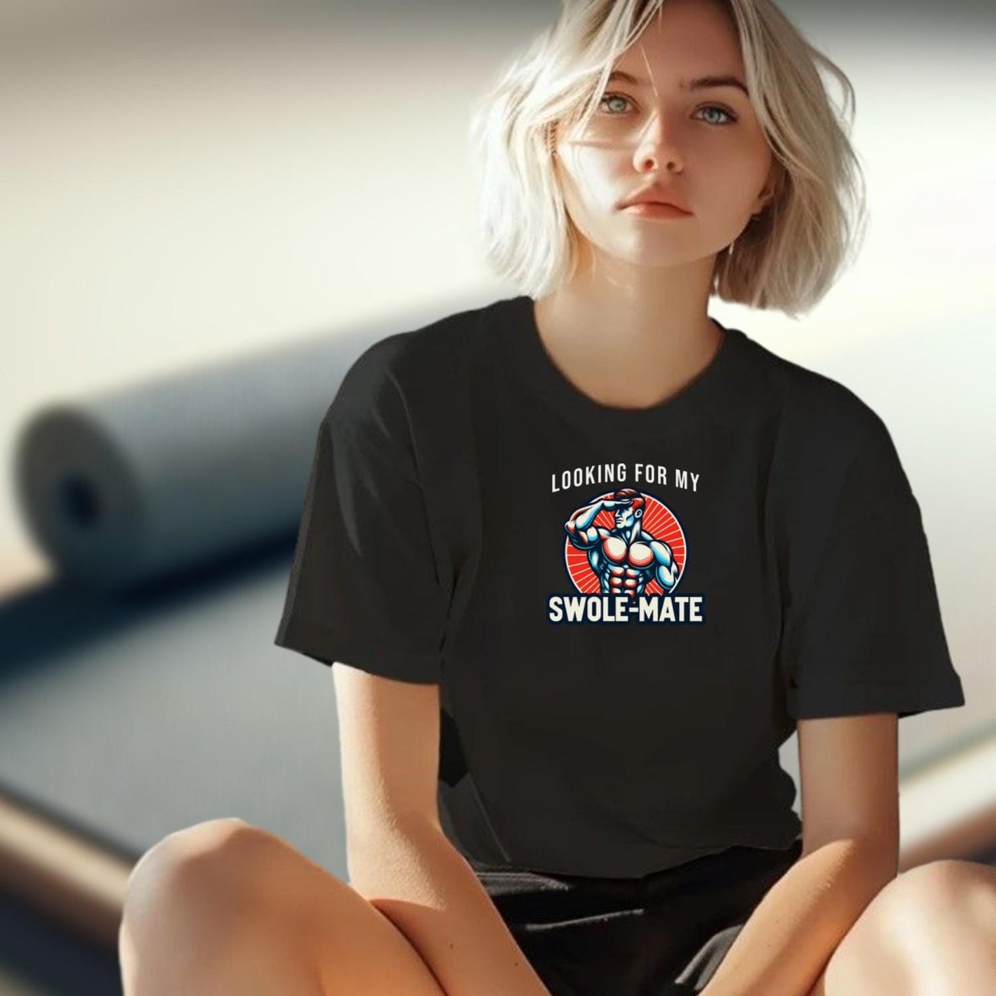 Alt text: "Swole-Mate T-shirt design featuring bold lettering and a fit silhouette, perfect for gym workouts and casual outings. Show your dedication to fitness and join the community of fitness enthusiasts."