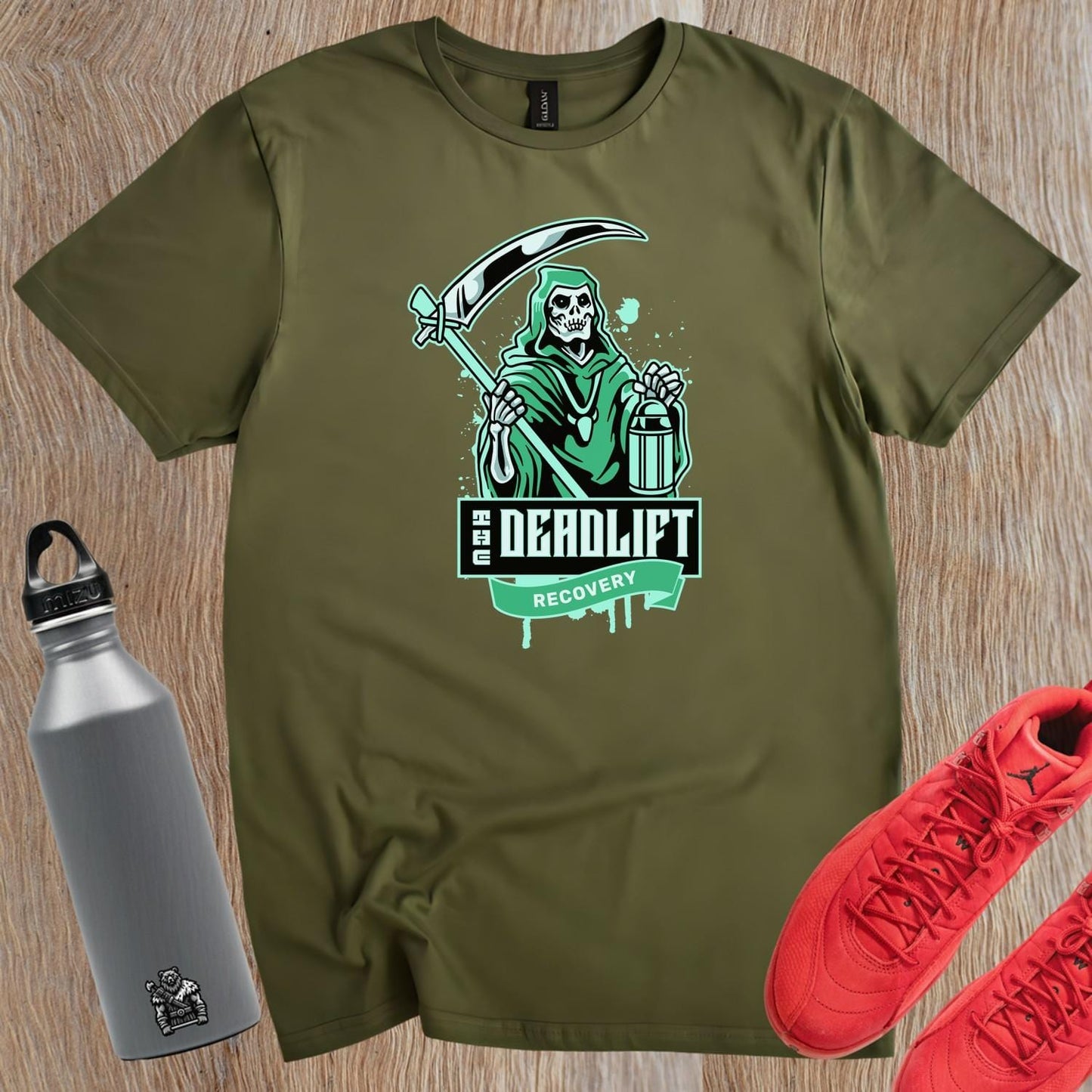 "Graphic gym t-shirt featuring bold 'Deadlift Recovery' design, perfect for fitness enthusiasts showcasing humor and strength."