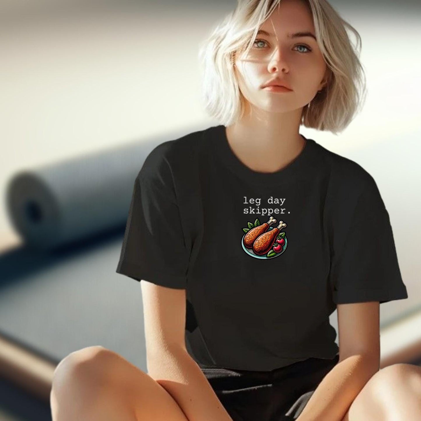 "Playful ‘Leg Day Skipper’ T-shirt featuring a humorous design, perfect for gym lovers who value style, comfort, and a fun workout attitude."