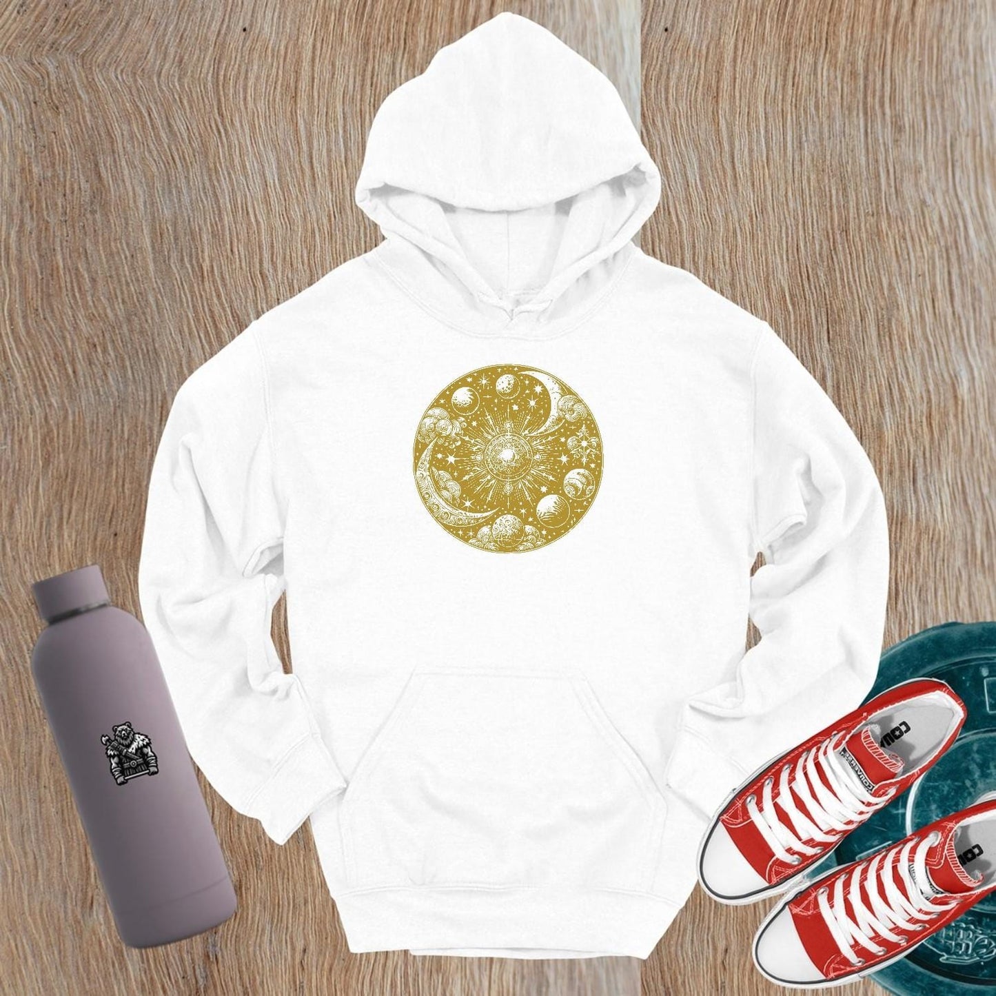 "Celestial-themed gym hoodie featuring a stunning cosmic design, perfect for workouts and stylish training sessions. Relaxed fit."