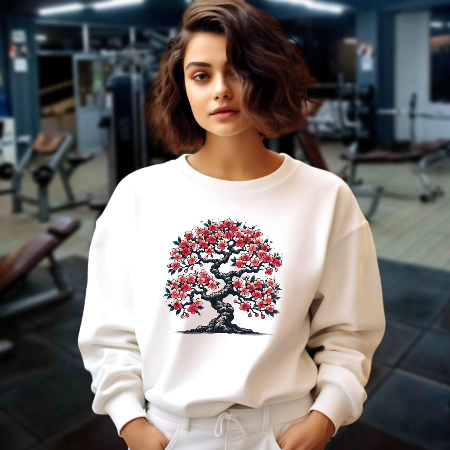 "Floral tree design sweatshirt for women, vibrant print, sporty chic style, perfect for workouts or casual outings, gym wear."