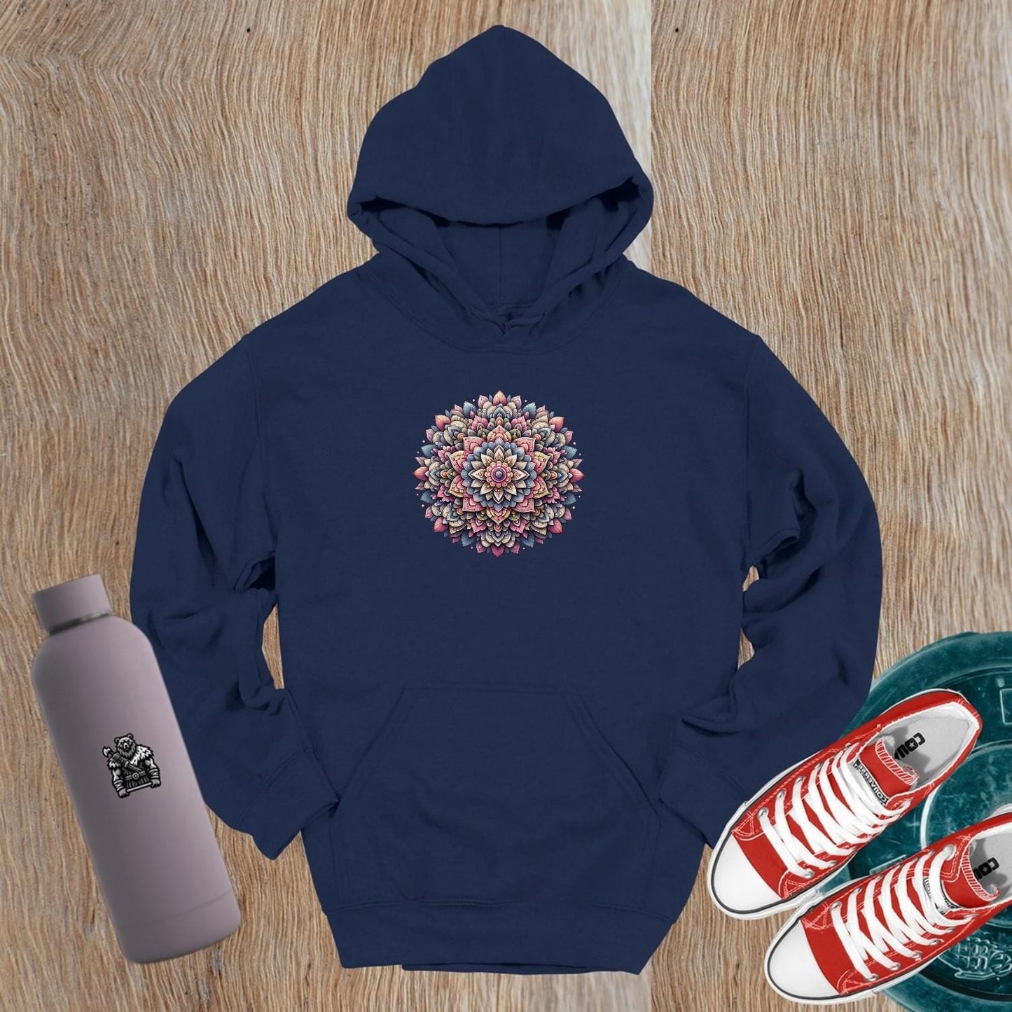 "Stunning gym hoodie with intricate mandala design in vibrant colors, relaxed fit for comfort, perfect for workouts and lounging."