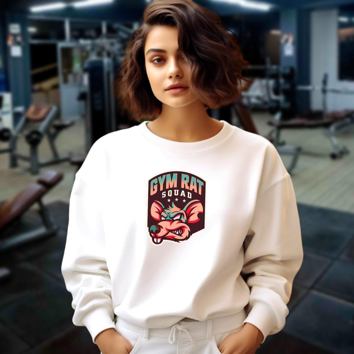 "Vibrant Gym Rat Squad sweatshirt, showcasing a motivational design for fitness lovers. Perfect for workouts or casual wear, embodying dedication."