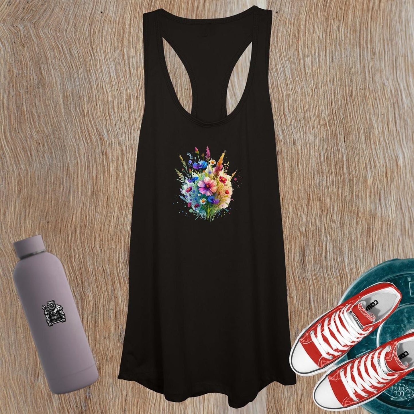 "Vibrant women's floral tank top for workouts, showcasing a chic design. Perfect for fitness enthusiasts, stylish comfort for gym or errands."